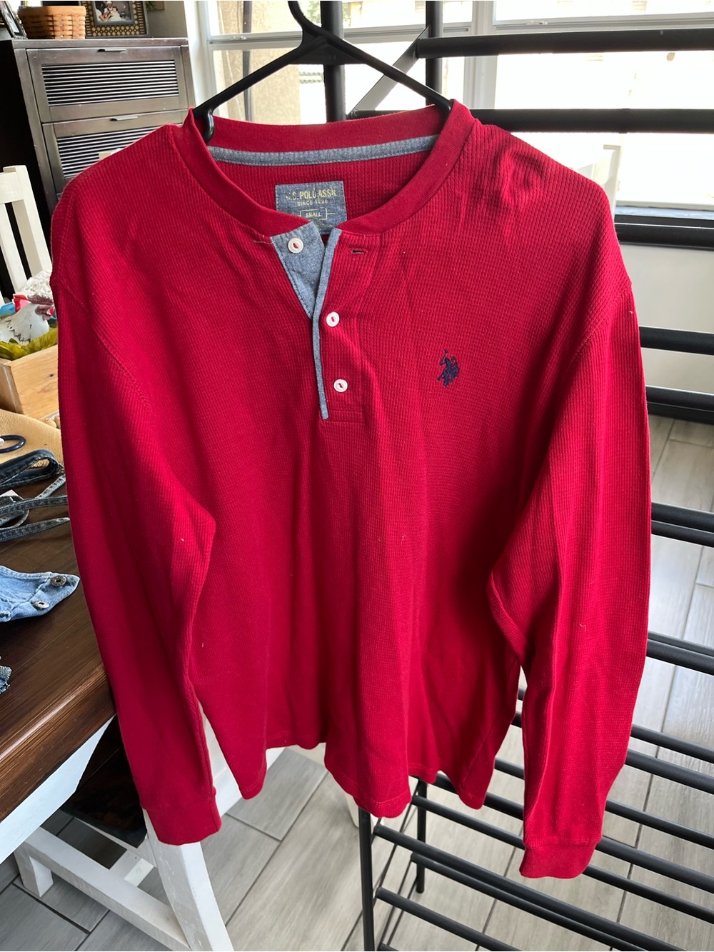 U.S. Polo Assn. Men's Red Long Sleeve Henley with Navy Logo